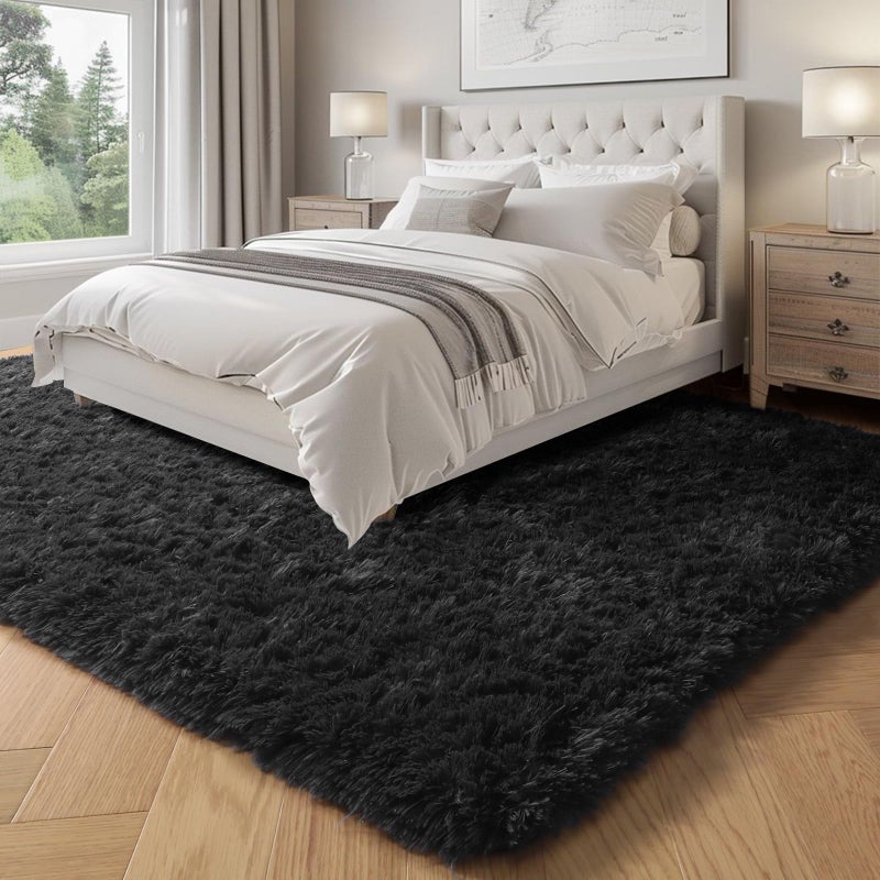 PAGISOFE Black Fluffy Shag Area Rugs for Bedroom 5x7, Soft Fuzzy Shaggy Machine Washable Rugs for Living Room,Plush Nursery Rug Kids Room Furry Floor Rug Boys Carpet for Teen Dorm Black Room Decor - Image 4
